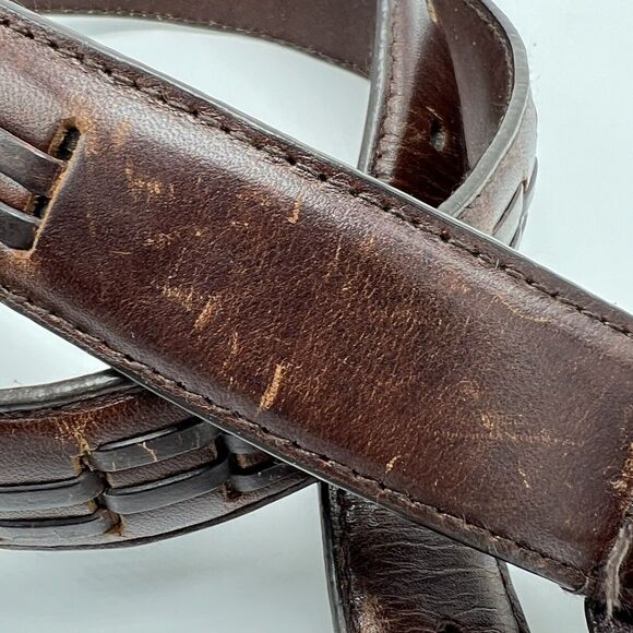 Woven Brown Leather Belt 34 Solid Brass Buckle Vintage Boho Western Streetwear - Picture 3 of 11